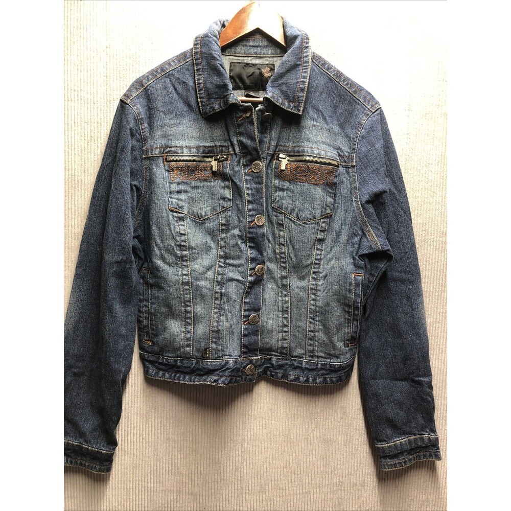 Rocawear Womens Denim Jacket XL Y2K Distressed Embroidered Hip Hop Streetwear